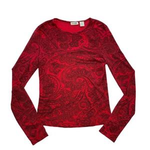 Y2K Mesh Red / Black Paisley Printed Long Sleeve T Shirt